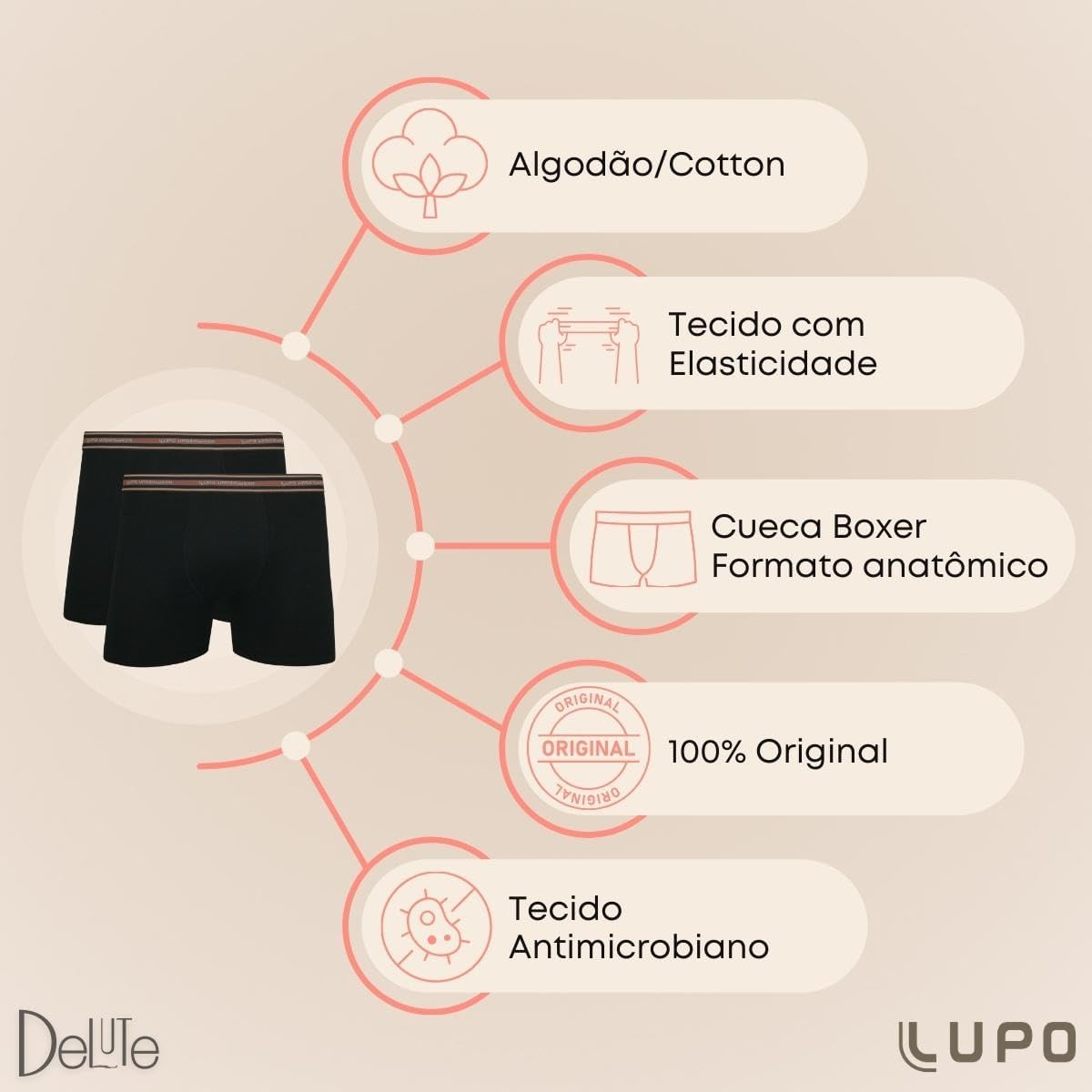 Kit 10 Cuecas Boxer, Lupo, Masculino